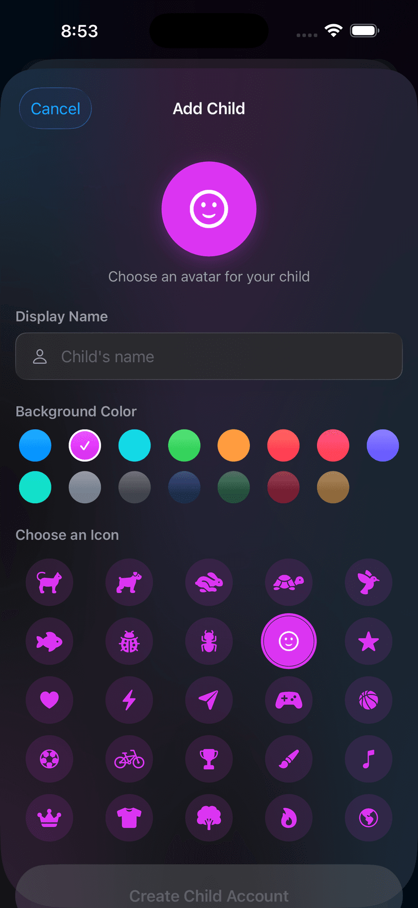 Settings → Members → Add Child screen
