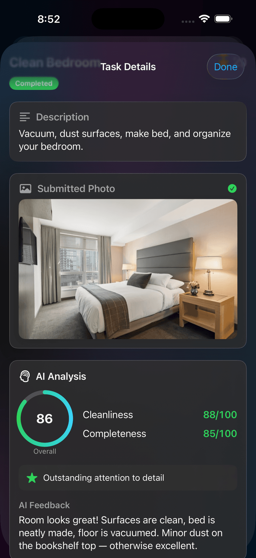 AI task review screen showing cleanliness and completeness scores