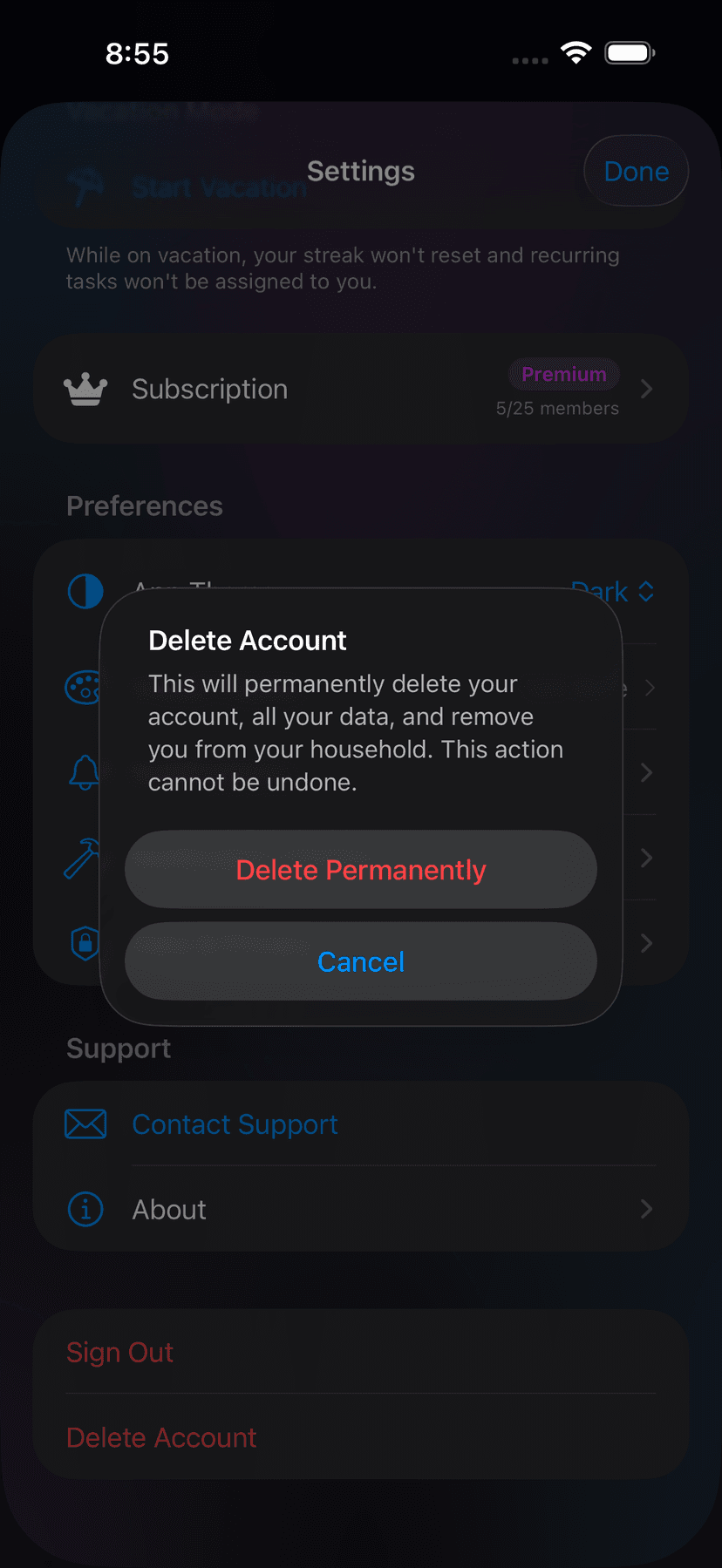 Settings → Account → Delete Account confirmation