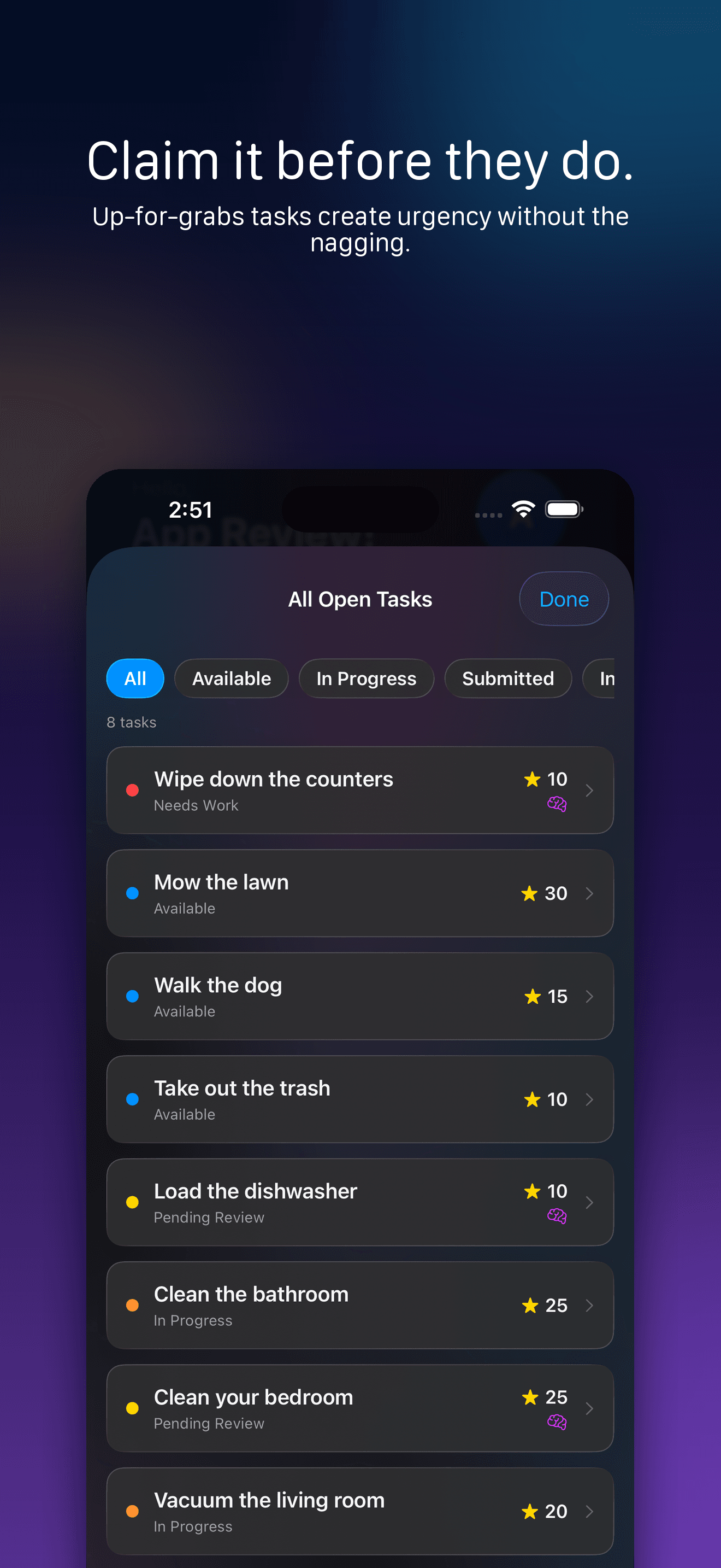 Talli screen showing all open tasks with statuses such as available, in progress, needs work, and pending review.