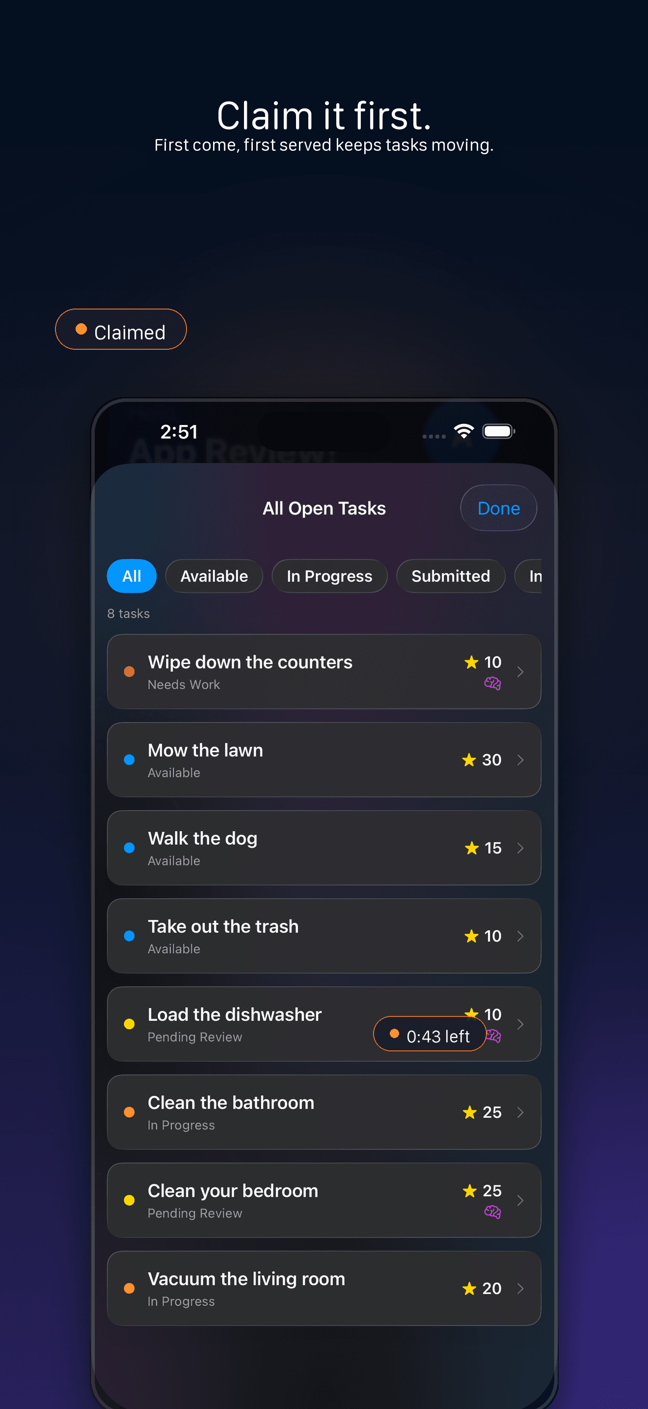 Talli onboarding screen showing open tasks that can be claimed and completed for points.